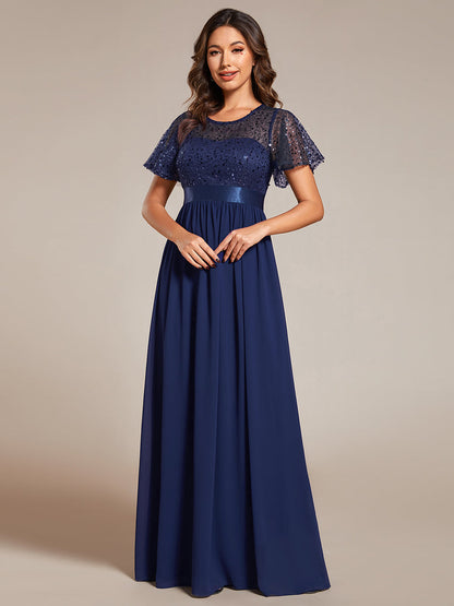 Round-Neck Sequin Chiffon High Waist Formal Evening Dress With Short Sleeves