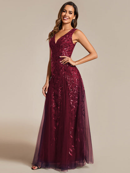 Shiny V-Neck Sequin Sleeveless Evening Dress with Tulle