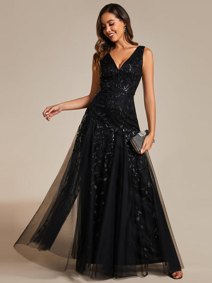 Shiny V-Neck Sequin Sleeveless Evening Dress with Tulle