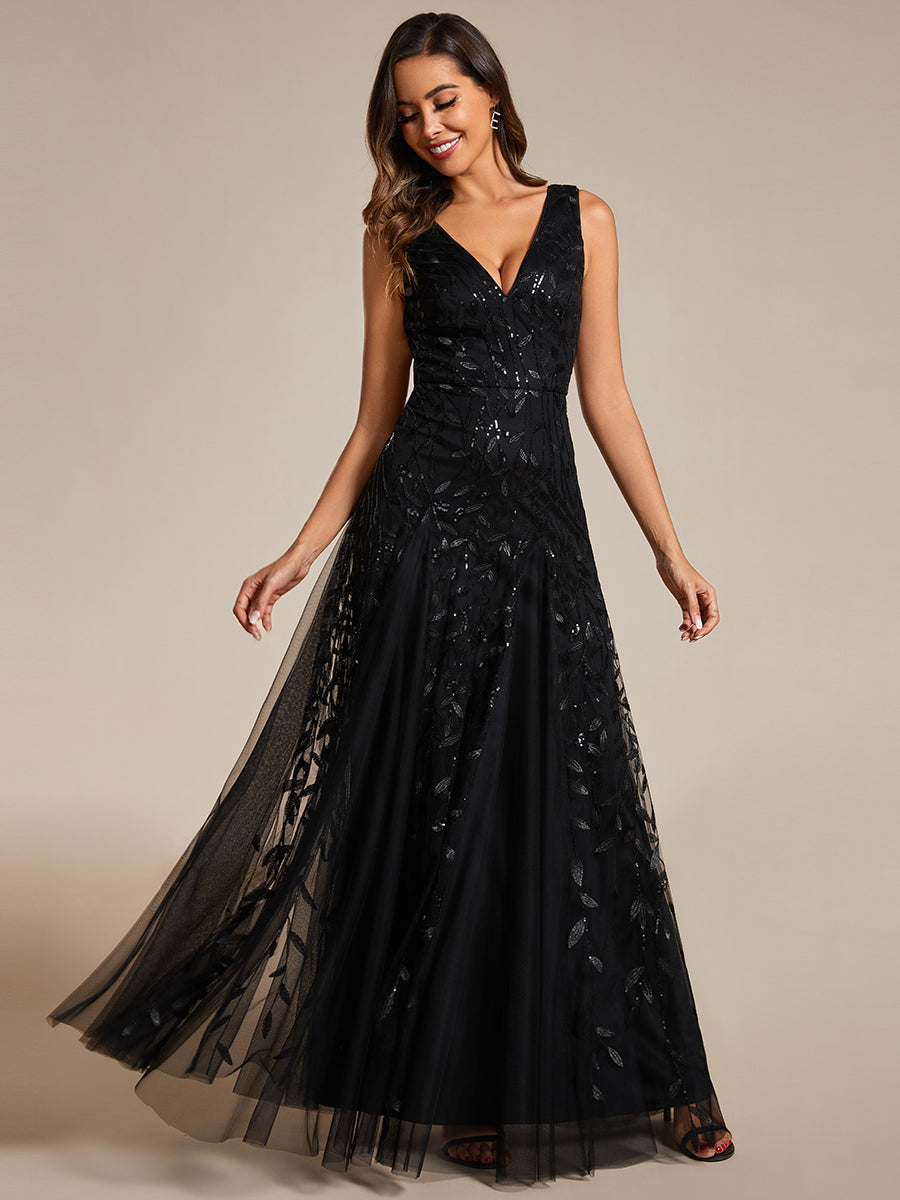 Shiny V-Neck Sequin Sleeveless Evening Dress with Tulle