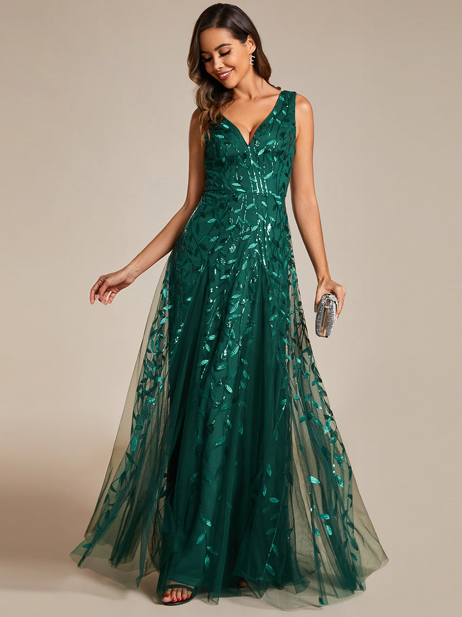 Shiny V-Neck Sequin Sleeveless Evening Dress with Tulle