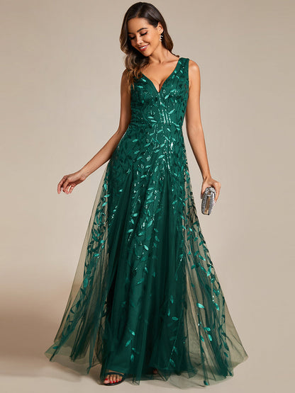 Shiny V-Neck Sequin Sleeveless Evening Dress with Tulle