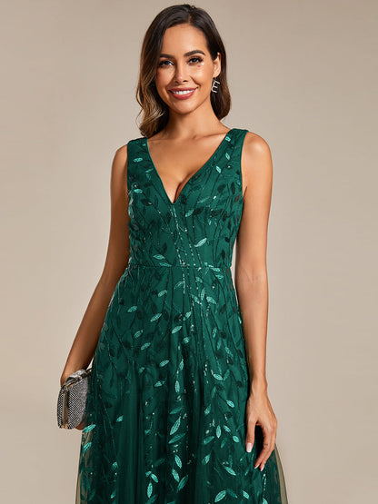 Shiny V-Neck Sequin Sleeveless Evening Dress with Tulle