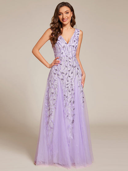 Shiny V-Neck Sequin Sleeveless Evening Dress with Tulle