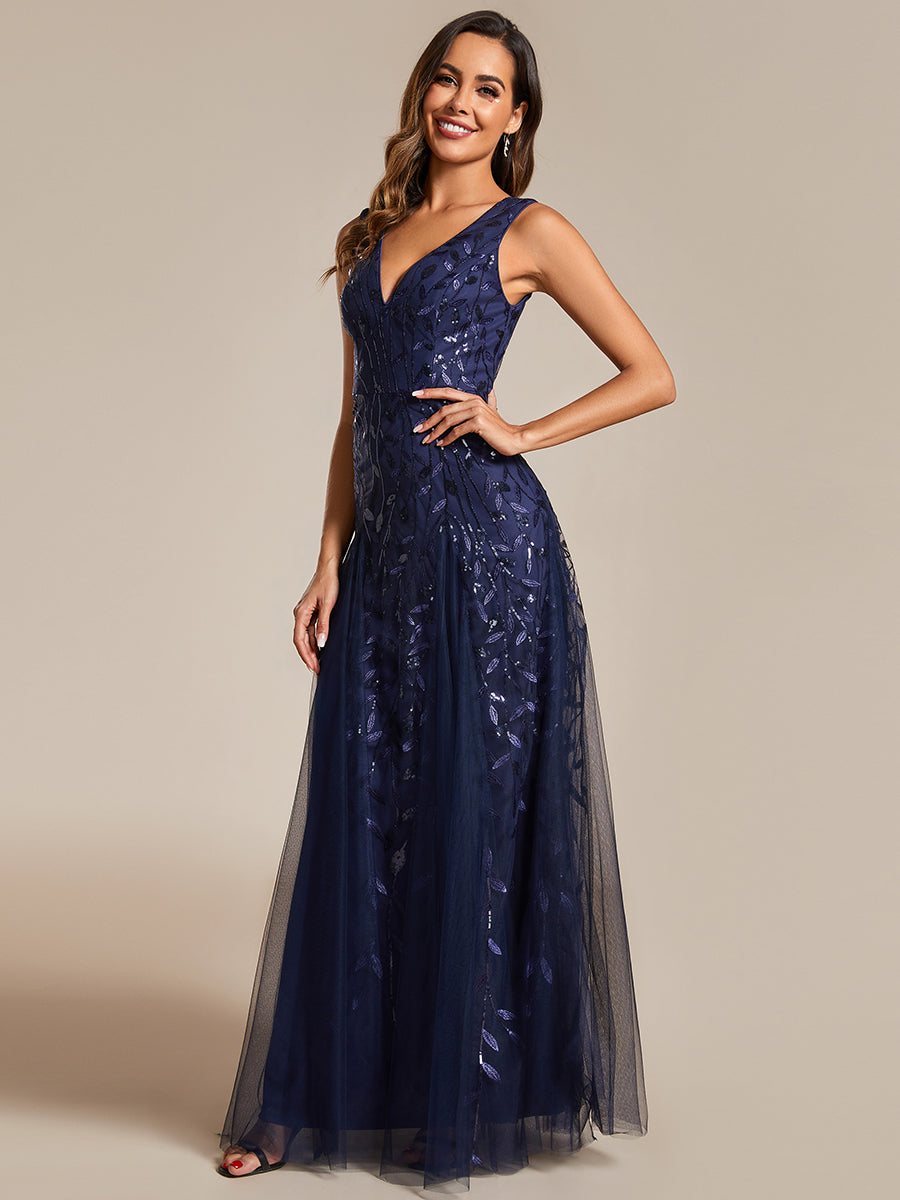 Shiny V-Neck Sequin Sleeveless Evening Dress with Tulle