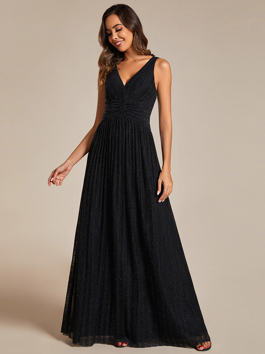 Glittery Pleated Empire Waist Sleeveless Formal Evening Dress