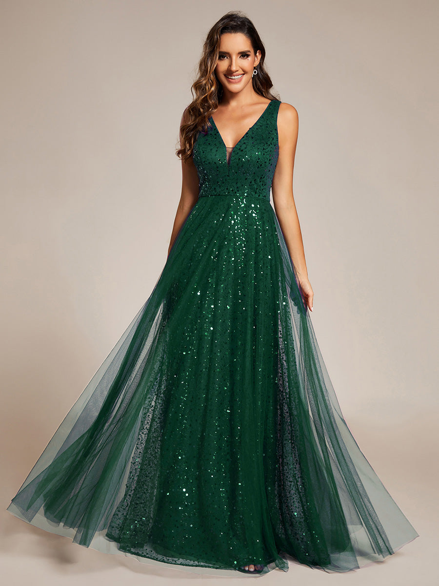 Elegant V-Neck Backless Sequin Evening Dress with Sleeveless