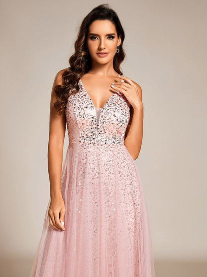 Elegant V-Neck Backless Sequin Evening Dress with Sleeveless