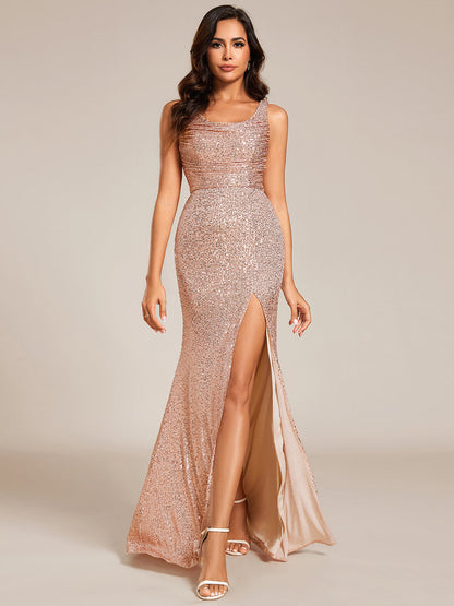 Exquisite U Neck Paillette Bodycon Sequin Dresses with Side Split Fishtail Floor Length Evening Dress