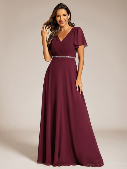 Elegant Midi Length Ruffles Sleeves Chiffon Dresses Empire Waist Evening Dresses with Belt