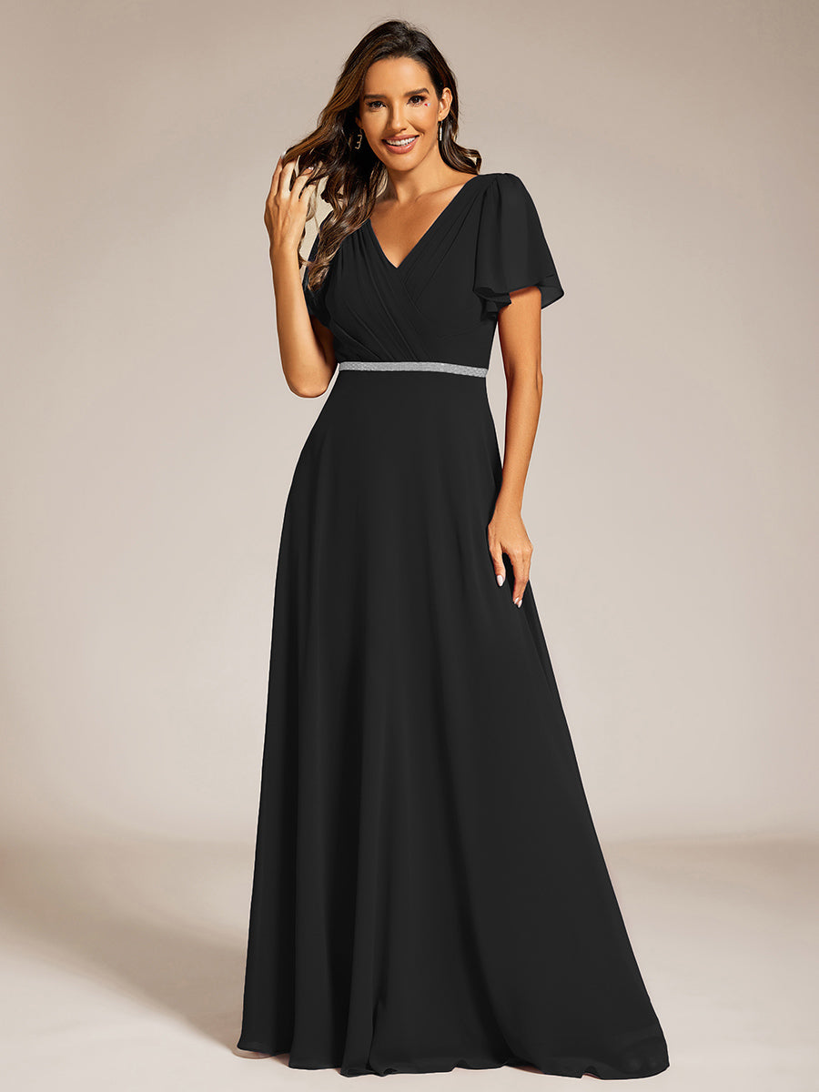 Elegant Midi Length Ruffles Sleeves Chiffon Dresses Empire Waist Evening Dresses with Belt