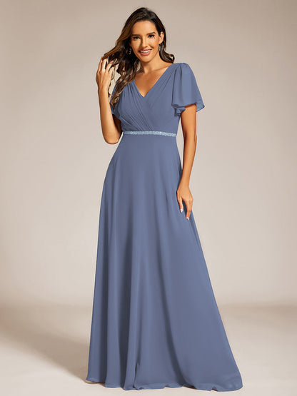 Elegant Midi Length Ruffles Sleeves Chiffon Dresses Empire Waist Evening Dresses with Belt