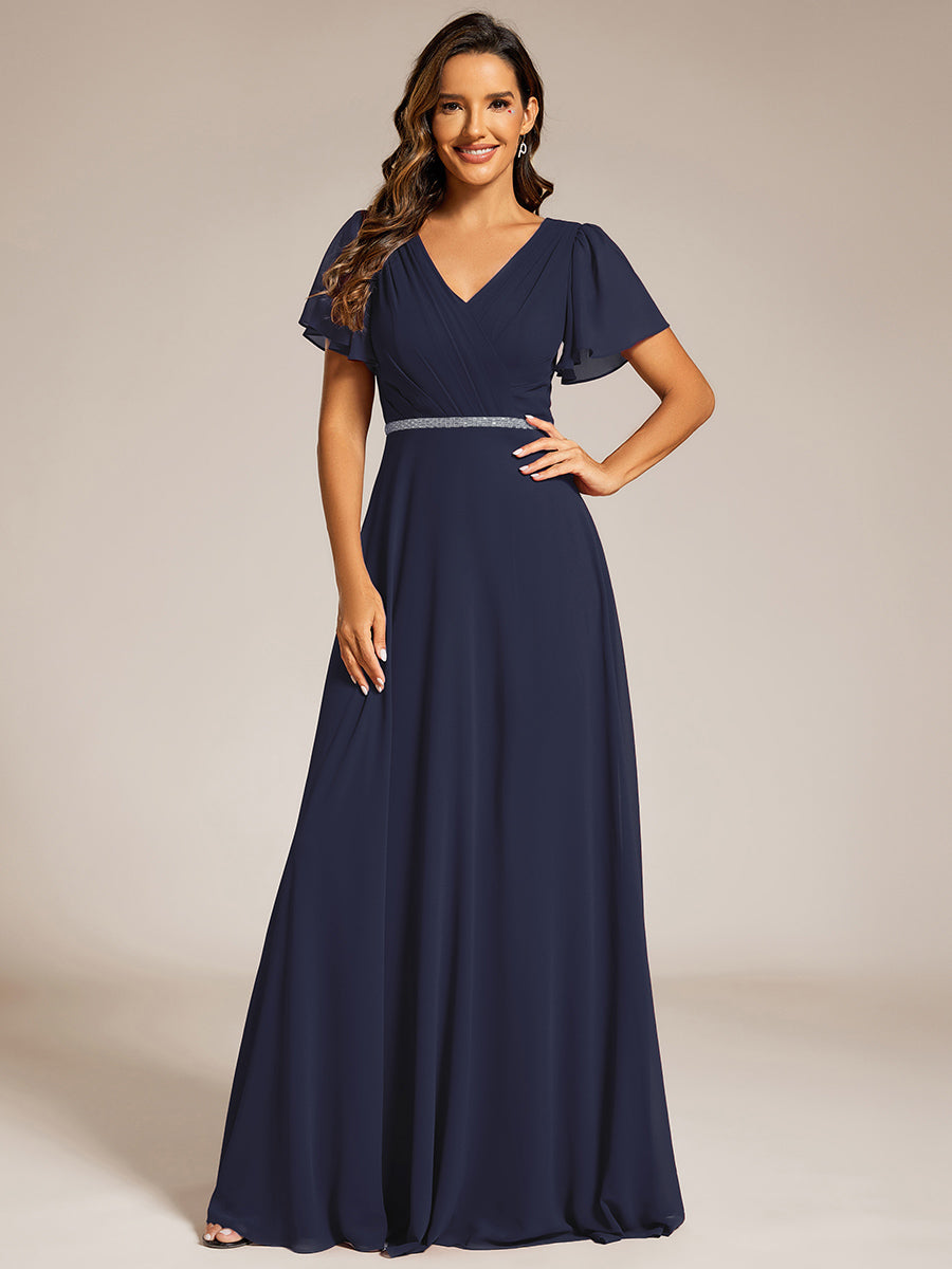 Elegant Midi Length Ruffles Sleeves Chiffon Dresses Empire Waist Evening Dresses with Belt