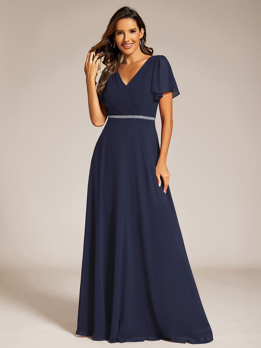 Elegant Midi Length Ruffles Sleeves Chiffon Dresses Empire Waist Evening Dresses with Belt