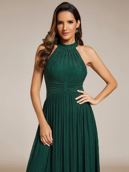 Glittery Halter Neck Pleated Formal Wholesale Evening Dress