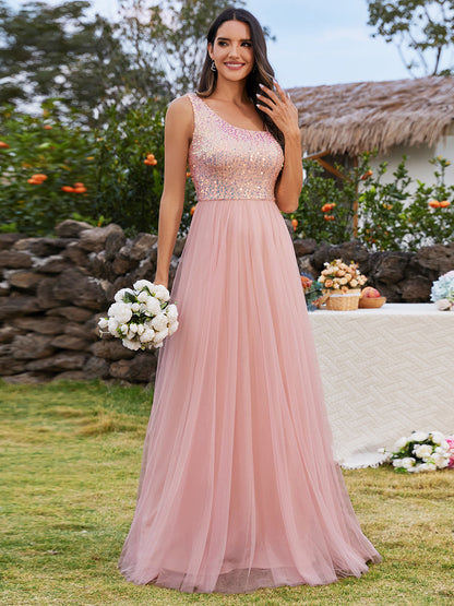 Maxi Long Sequin One Shoulder Tulle Wholesale Bridesmaid Dress