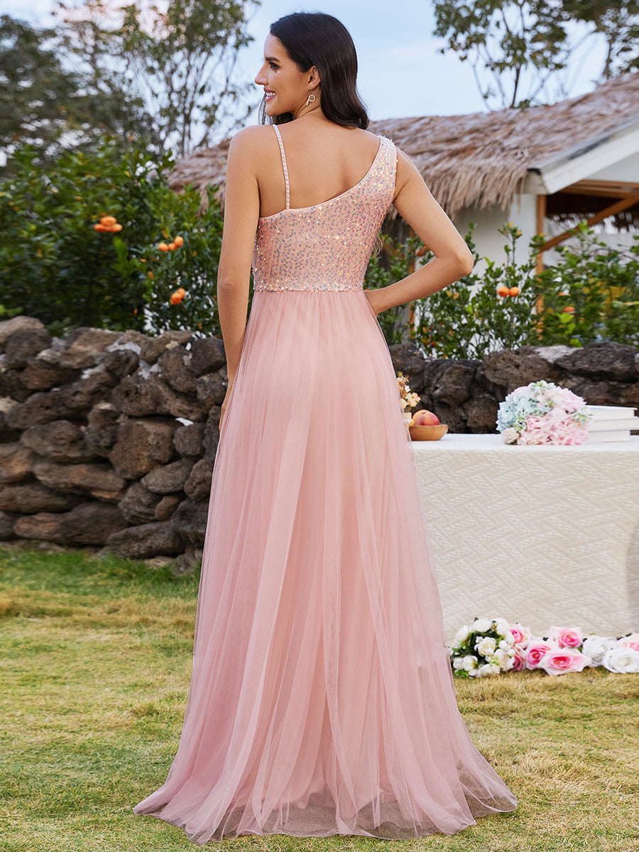 Maxi Long Sequin One Shoulder Tulle Wholesale Bridesmaid Dress