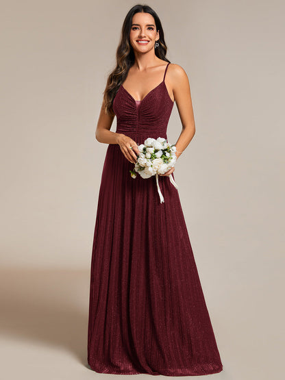 Shimmer V Neck Floor Length Bridesmaid Dress With Spaghetti Straps