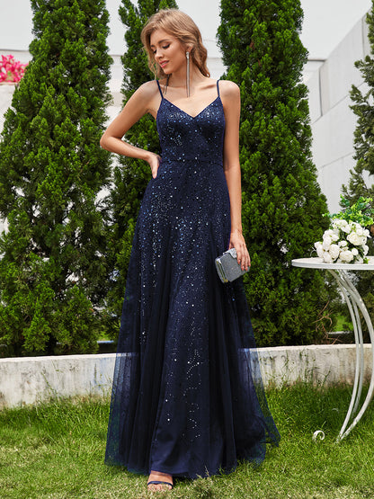 Glittery Sequin V Neck Spaghetti Strap Tulle Wholesale Bridesmaid Dress