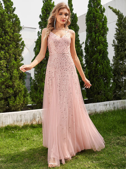 Glittery Sequin V Neck Spaghetti Strap Tulle Wholesale Bridesmaid Dress