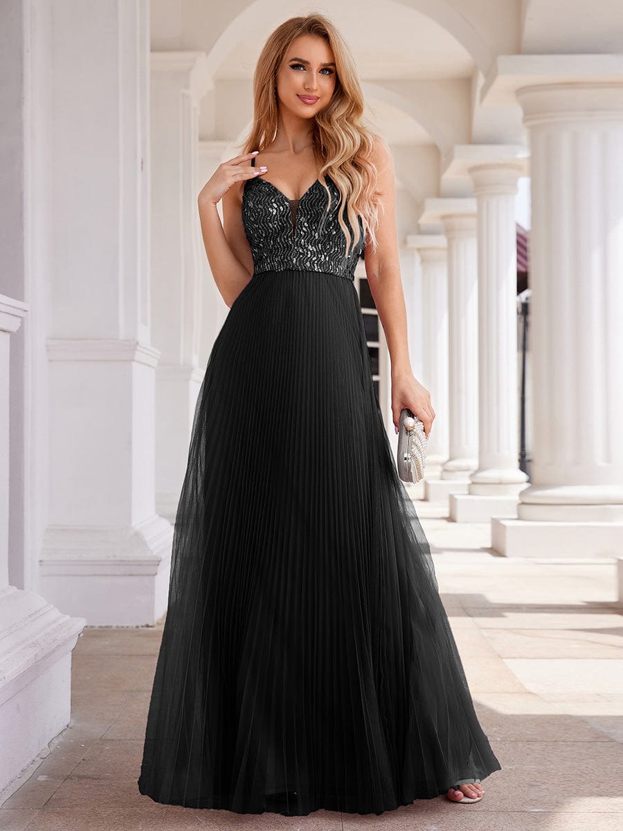 Sequin See Through V-Neck Sleeveless WholesaleTulle Evening Dress