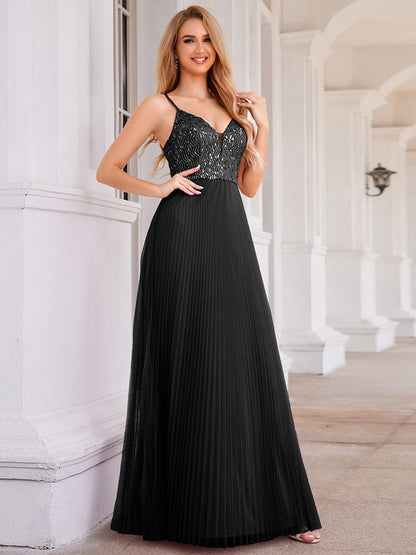 Sequin See Through V-Neck Sleeveless WholesaleTulle Evening Dress