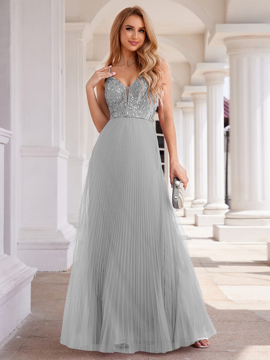 Sequin See Through V-Neck Sleeveless WholesaleTulle Evening Dress