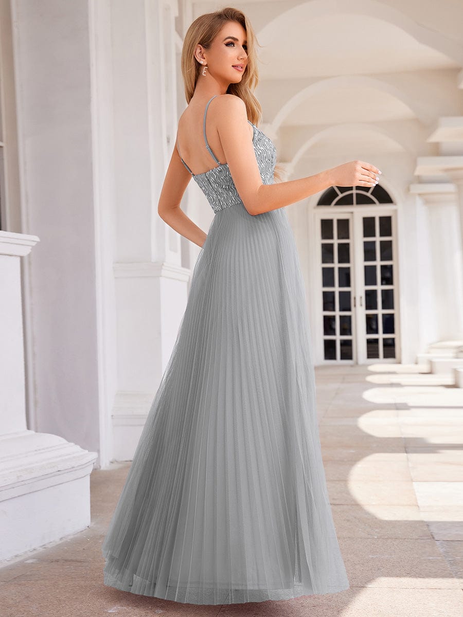 Sequin See Through V-Neck Sleeveless WholesaleTulle Evening Dress