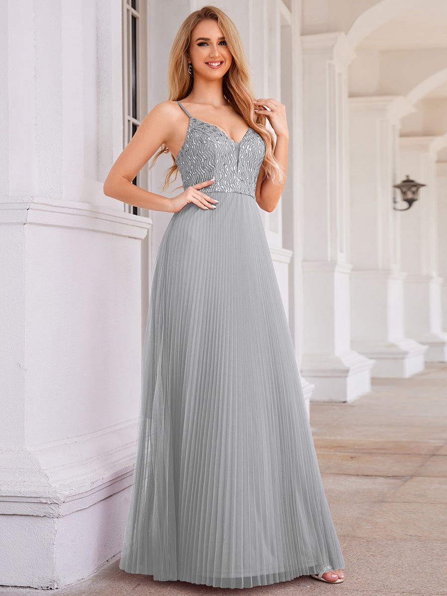 Sequin See Through V-Neck Sleeveless WholesaleTulle Evening Dress