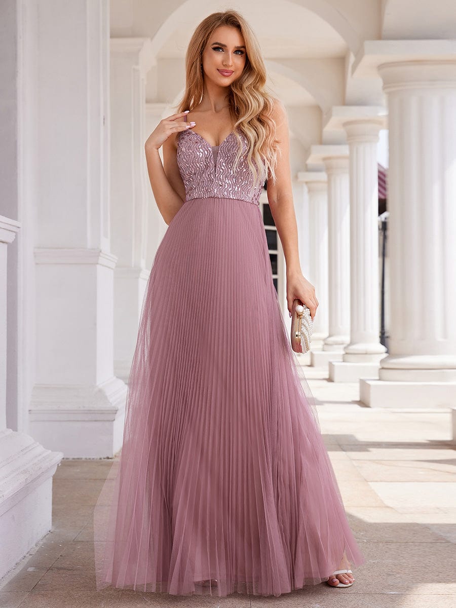 Sequin See Through V-Neck Sleeveless WholesaleTulle Evening Dress