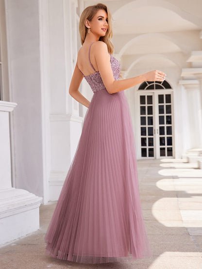 Sequin See Through V-Neck Sleeveless WholesaleTulle Evening Dress