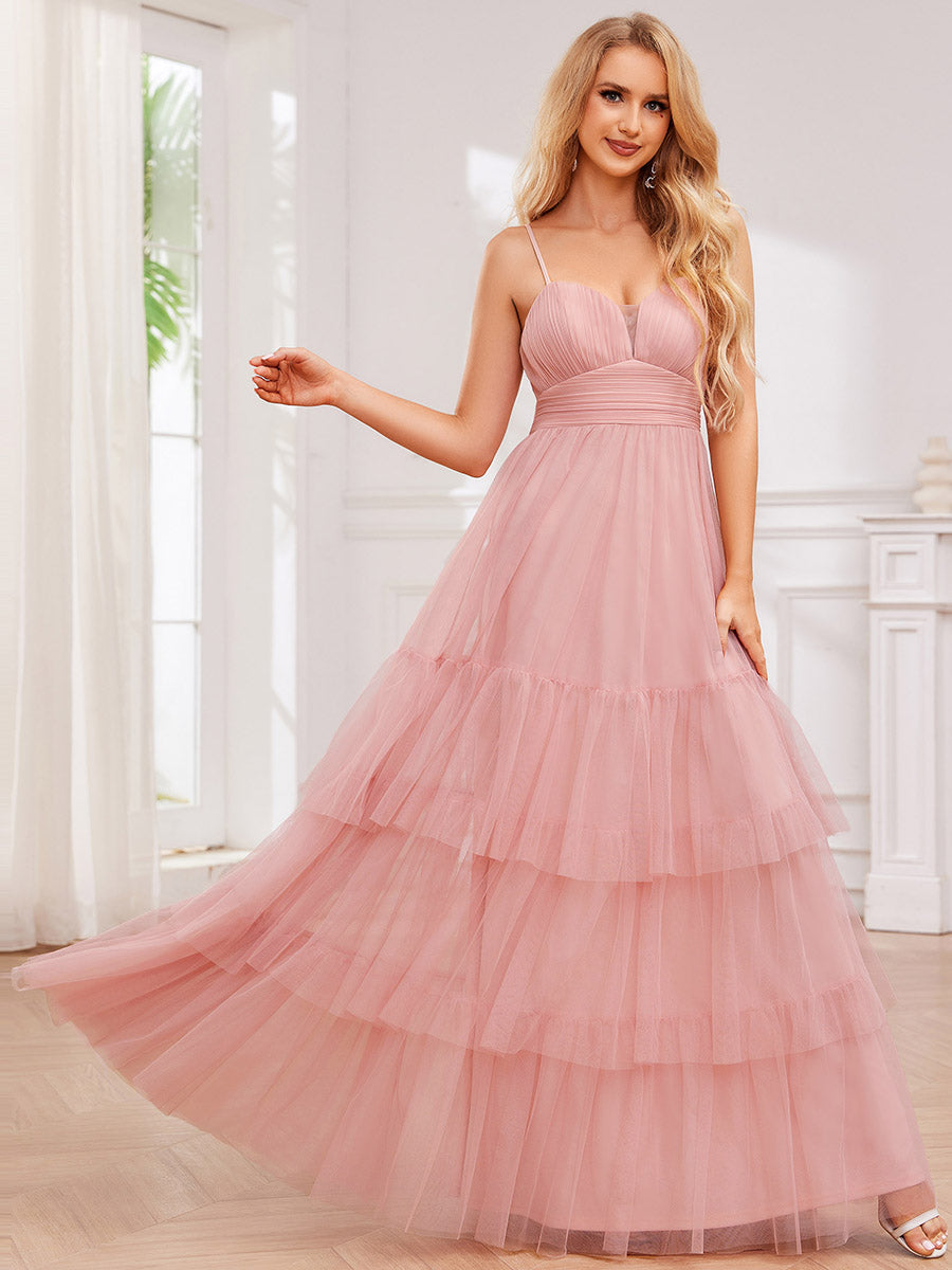 Romantic Spaghetti Straps Sweetheart Neckline See-Through A-Line Layered Tulle Dress