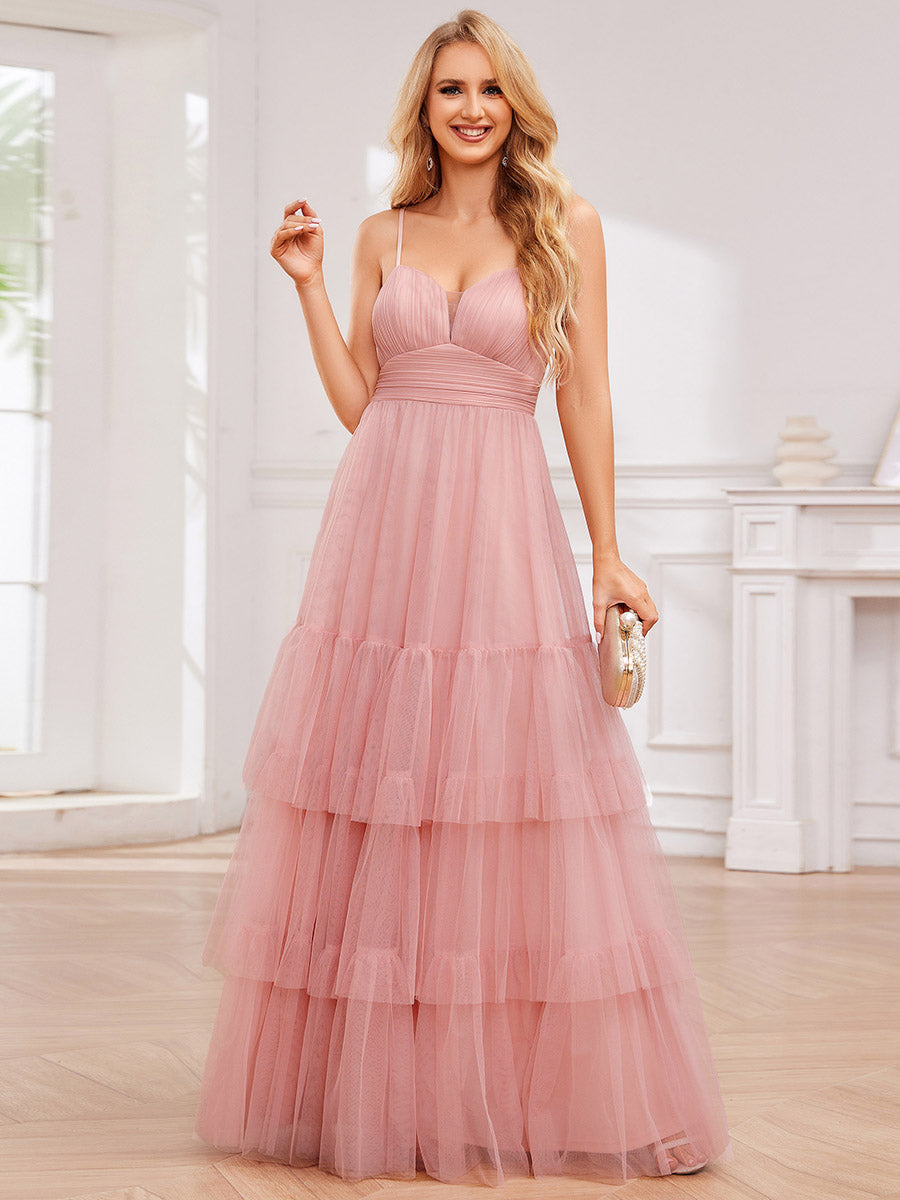 Romantic Spaghetti Straps Sweetheart Neckline See-Through A-Line Layered Tulle Dress