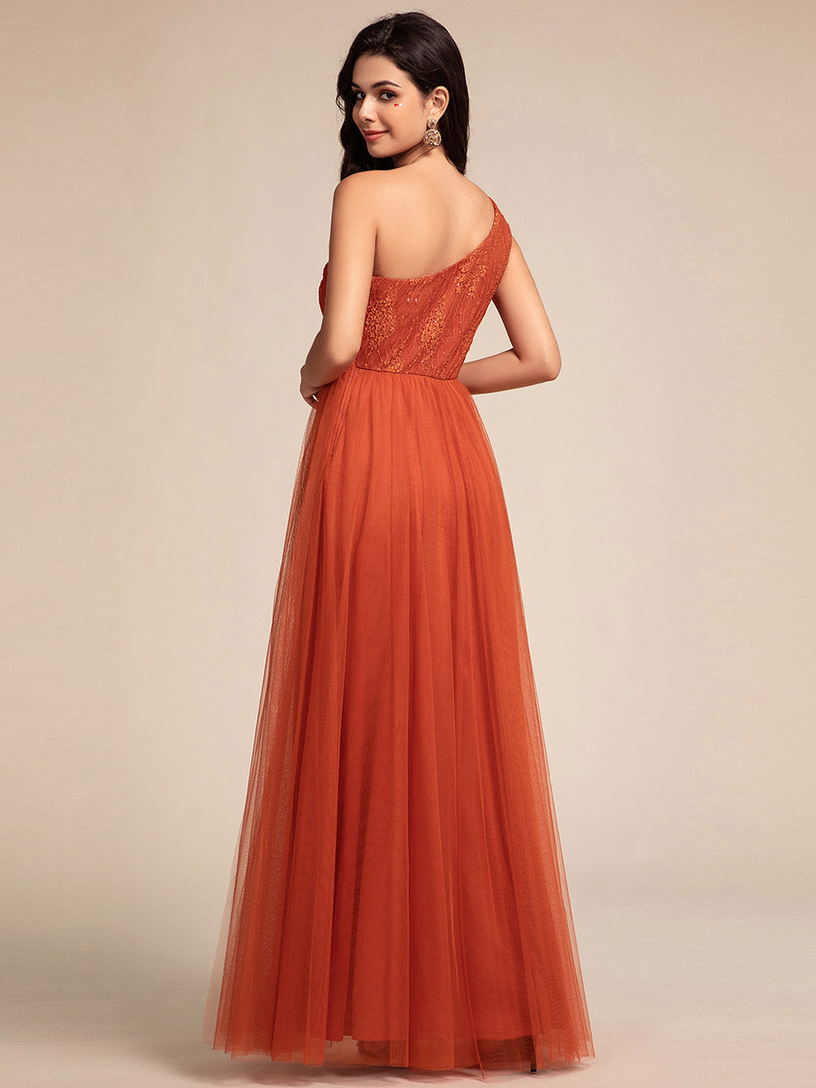 Romantic Asymmetric One Shoulder Side Split A-Line Tulle Dress with Lace Sequin Empire Waist Evening Dress