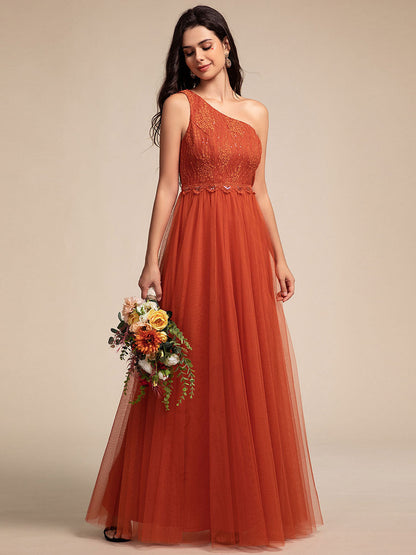 Romantic Asymmetric One Shoulder Side Split A-Line Tulle Dress with Lace Sequin Empire Waist Evening Dress