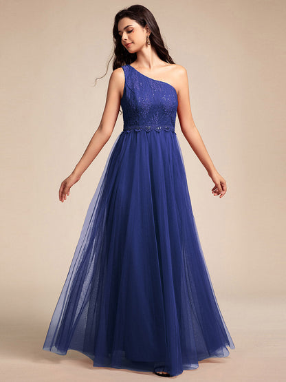 Romantic Asymmetric One Shoulder Side Split A-Line Tulle Dress with Lace Sequin Empire Waist Evening Dress