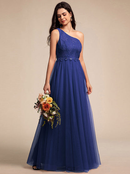 Romantic Asymmetric One Shoulder Side Split A-Line Tulle Dress with Lace Sequin Empire Waist Evening Dress