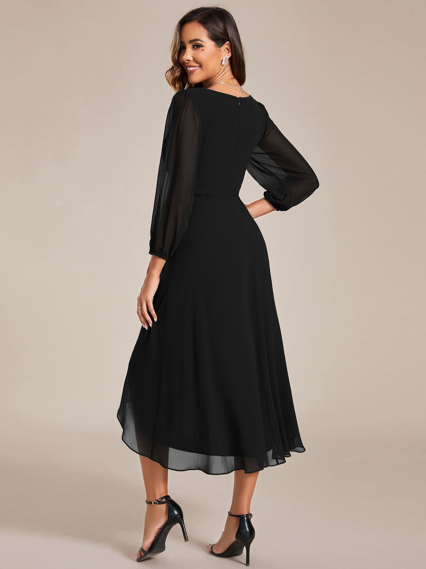 Long Sleeves Pleated Ruffles Chiffon Wholesale Wedding Guest Dresses