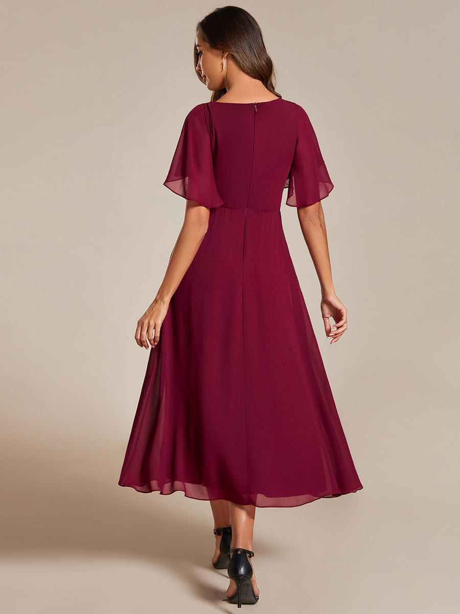 Applique V Neck Tea Length Wedding Guest Dress With Short Sleeves