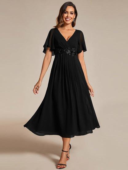 Applique V Neck Tea Length Wedding Guest Dress With Short Sleeves