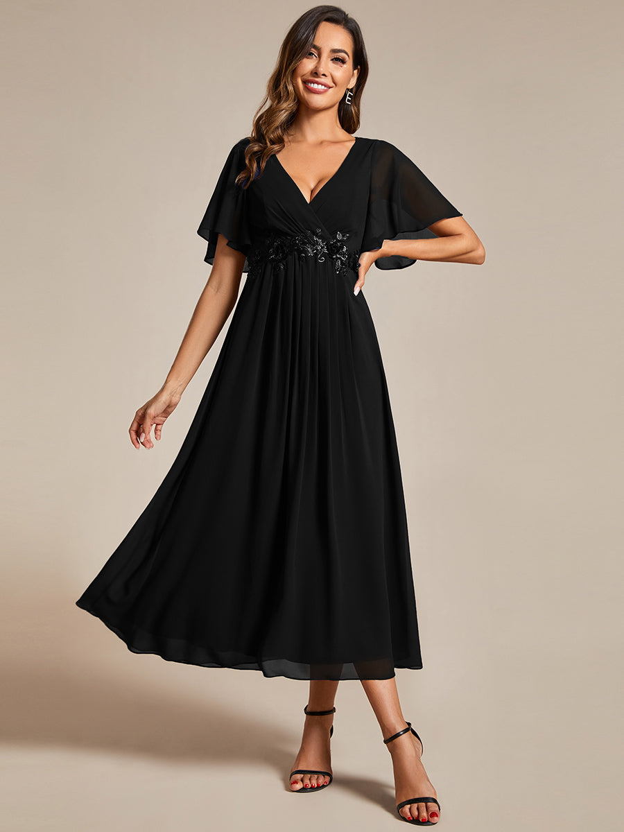 Applique V Neck Tea Length Wedding Guest Dress With Short Sleeves