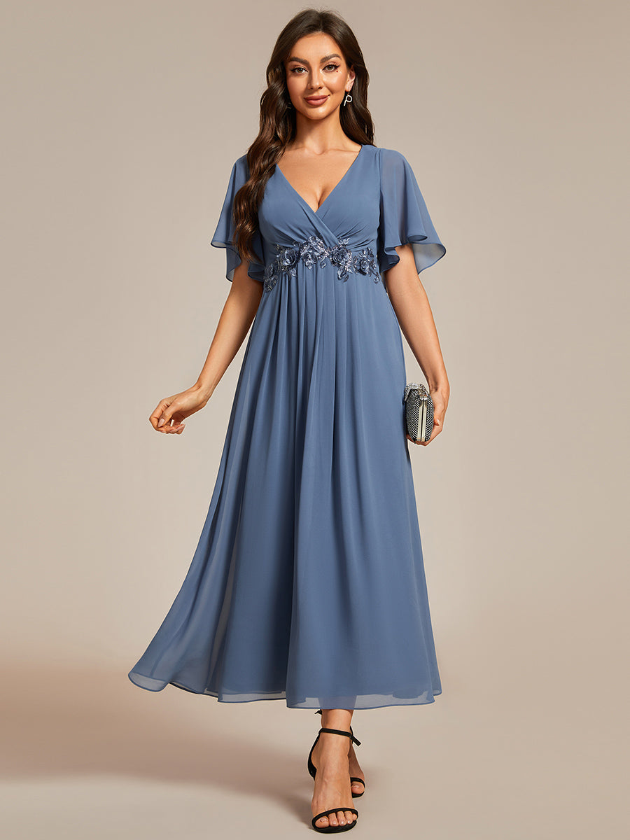 Applique V Neck Tea Length Wedding Guest Dress With Short Sleeves