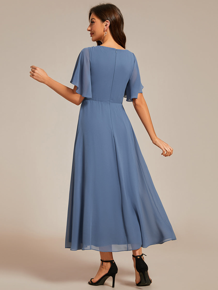 Applique V Neck Tea Length Wedding Guest Dress With Short Sleeves