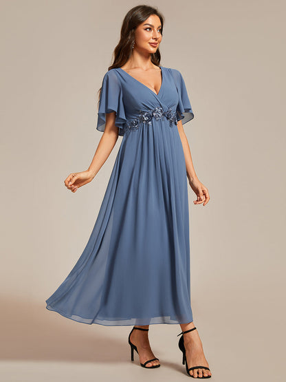 Applique V Neck Tea Length Wedding Guest Dress With Short Sleeves