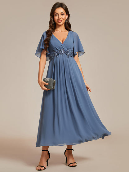 Applique V Neck Tea Length Wedding Guest Dress With Short Sleeves