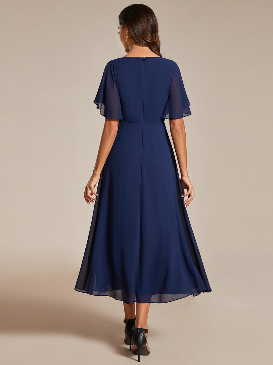 Applique V Neck Tea Length Wedding Guest Dress With Short Sleeves