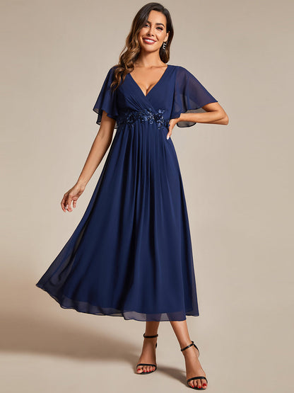 Applique V Neck Tea Length Wedding Guest Dress With Short Sleeves