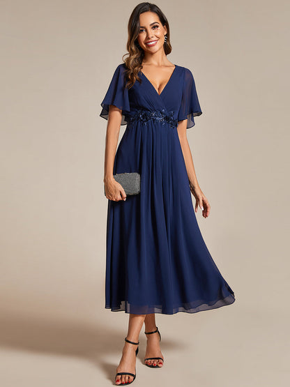 Applique V Neck Tea Length Wedding Guest Dress With Short Sleeves