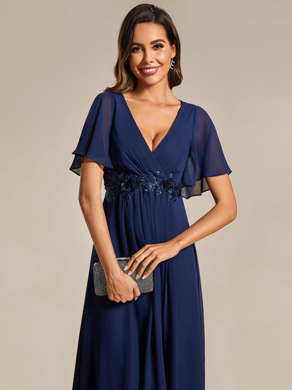 Applique V Neck Tea Length Wedding Guest Dress With Short Sleeves