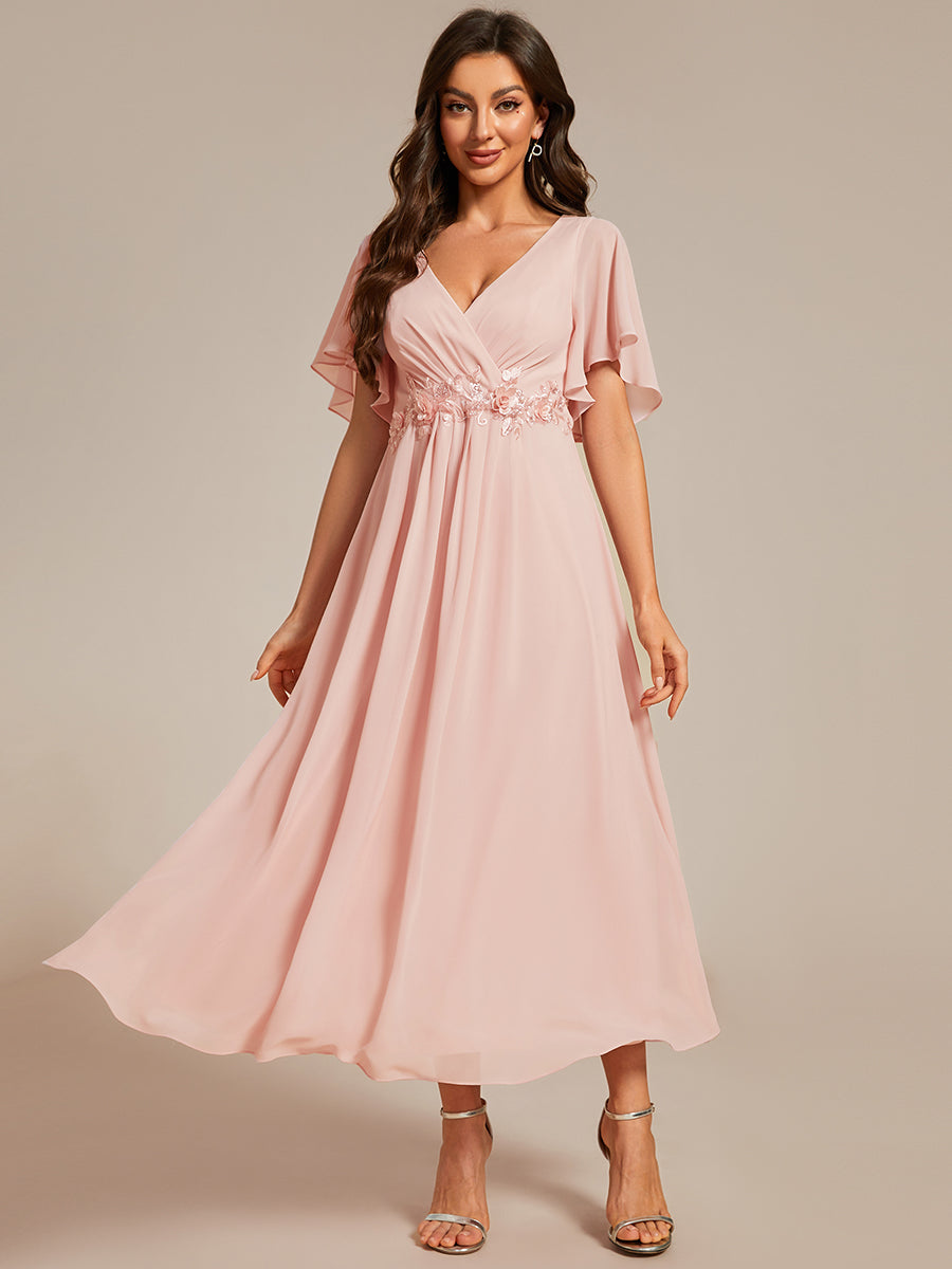 Applique V Neck Tea Length Wedding Guest Dress With Short Sleeves